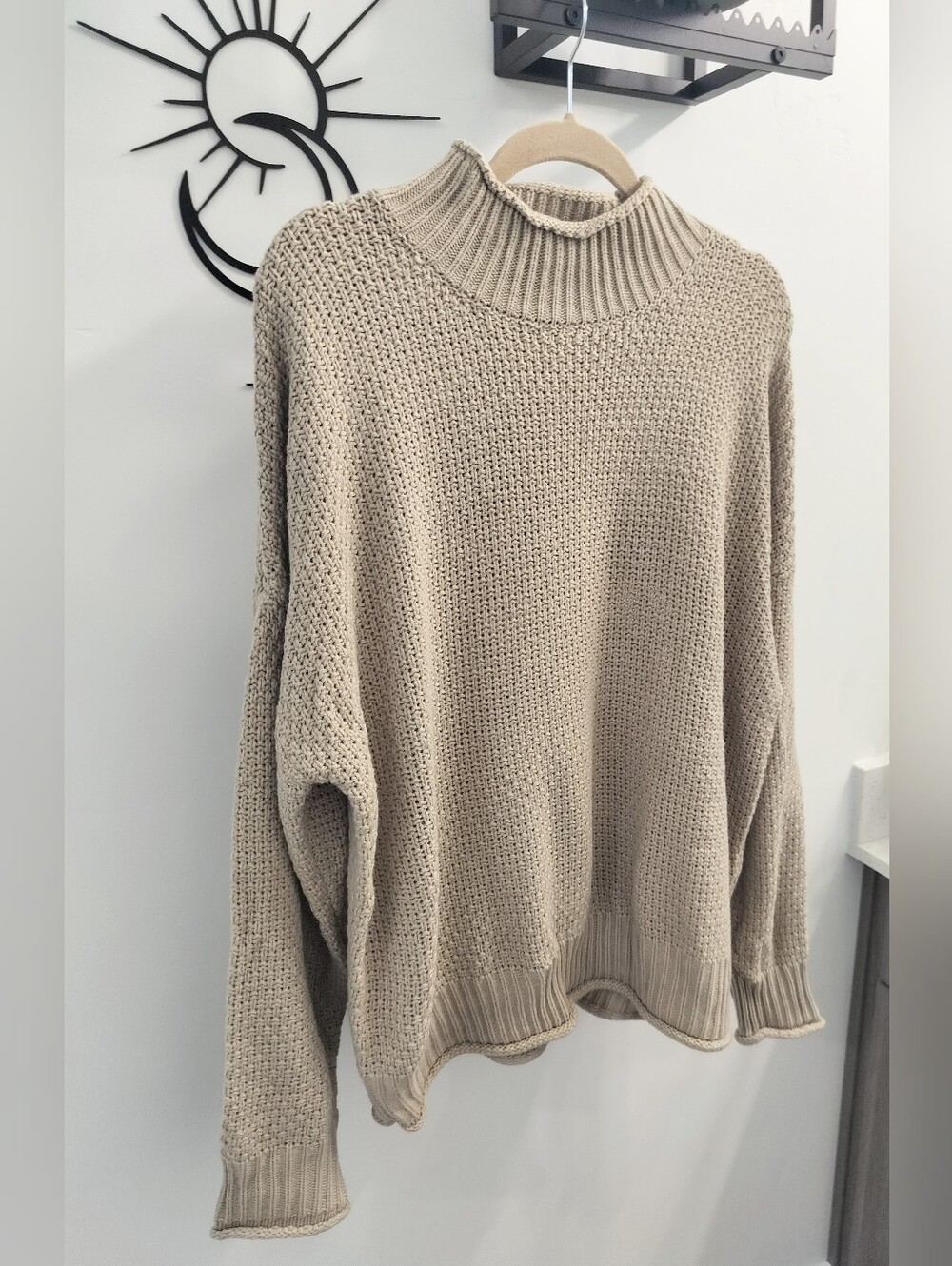 Dokotoo Women's L Chunky Knit Mock Neck Oversized Sweater Beige Khaki No Tag